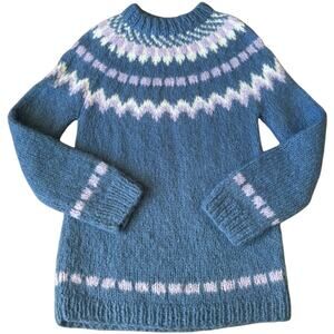 Vintage Handknit Fair Isle Wool Sweater Blue Lavender Cream Nordic Yoke medium